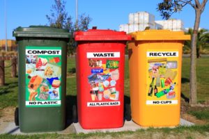 Compost bin, waste bin and recycling bin.
